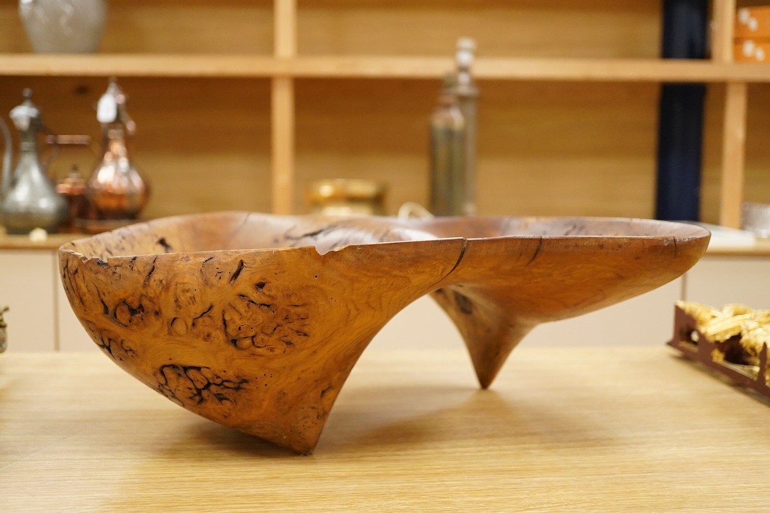 A large free form burr elm fruit bowl or centre dish, 45cm wide